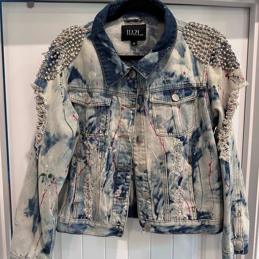 Embellished Distressed Paint-spattered Denim Studded Jacket